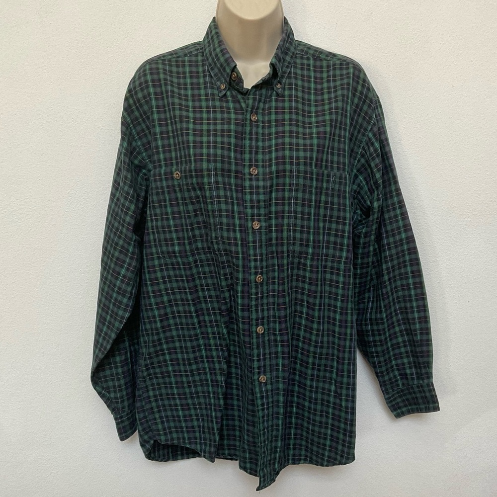 Eddie Bauer Ranston Twill Blue, Green Plaid 100% Cotton Long Sleeve Button Down